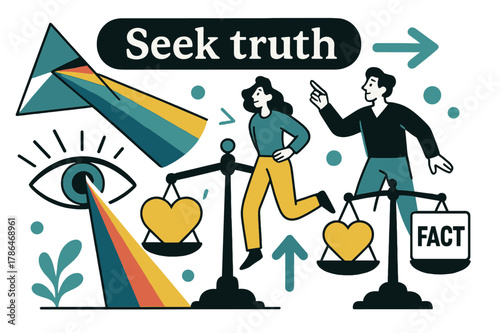 Seeking Truth Vision. The nature of truth. A prism splits a single beam into clear colors over an open eye; ?Seek truth? floats like a quiet banner. Scales
