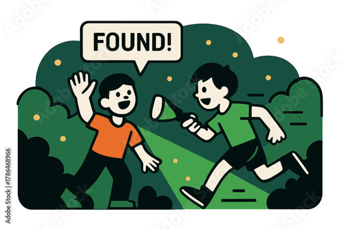 Dusk Flashlight Chase. Flashlight Seek at Dusk. Cones of light sweep between hedges as firefly dots drift. A crisp tag reads ?Found!? near a raised hand and