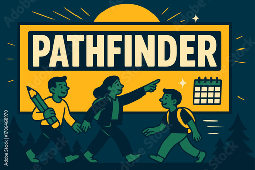Pathfinder Adventure Banner. Pathfinder banner, flat vector illustration, bold oversized text inside rectangular frame banner, cartoon characters walking and