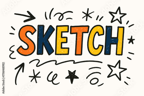Playful Doodle Design. Doodle / Sketch with playful hand-drawn letters, rough sketch outlines, arrows, stars, casual youthful layout, colored lettering, #