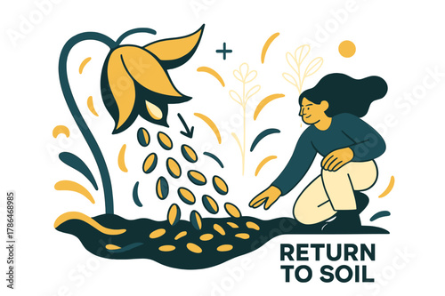 Seeds Returning. Seeds ? Harvest Memory. Open pod spills mature seeds onto the earth; ghosted outlines hint at past growth above. Text ?return to soil?. Modern