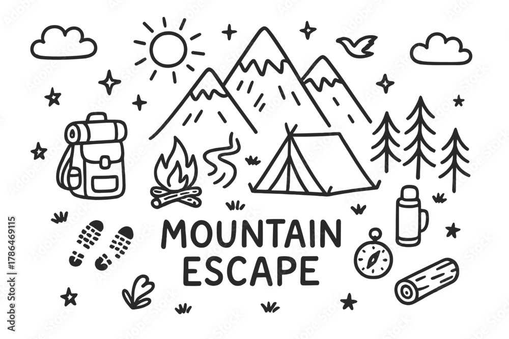 Fototapeta premium Mountain Adventure Doodle. Mountain escape. Hand-drawn doodle illustration mountain escape peaks, tent, campfire, stream, pine trees, backpack, compass, sun,