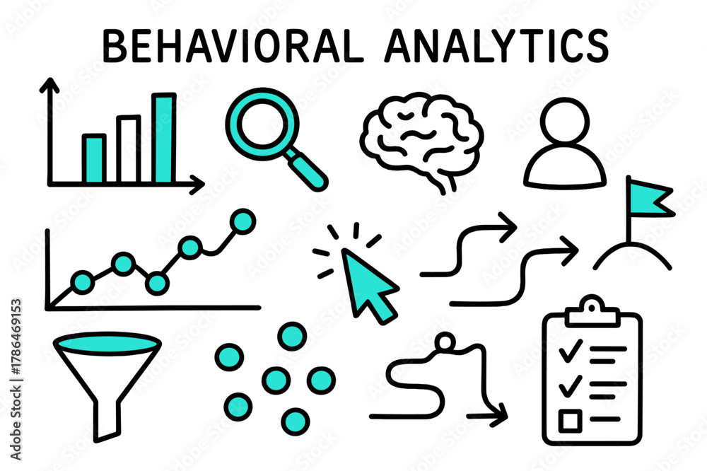 Fototapeta premium Behavioral Analytics Doodle. // Behavioral analytics. Hand-drawn doodle illustration Behavioral analytics [graph (accented), magnifying glass (accented), brain