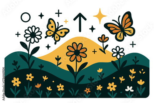 Vibrant Hillside Tranquility. Rolling hills. Rolling hills with wildflowers and butterflies with abstract floating icons, arrows, and sparkles; emphasizes