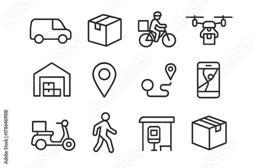 Efficient Logistics Icons. Efficient logistics. Line icon set of efficient logistics: delivery van, package, bicycle courier, drone, warehouse, map marker,