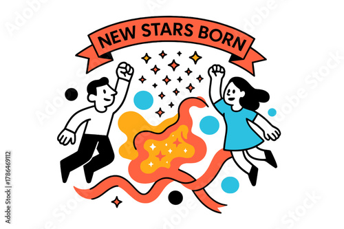 Cosmic Birth Celebration. Cosmic Birth Announcement. Tiny star icons pop like confetti from a glowing cradle of gas; a banner reads ?New Stars Born.? Dust