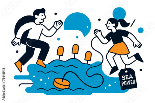 Tidal Energy Dynamics. Tidal & Wave Energy. Bobbing floats rhythmically pump as a submarine cable snakes to shore; a tag says ?Sea Power.? Foam dots sparkle