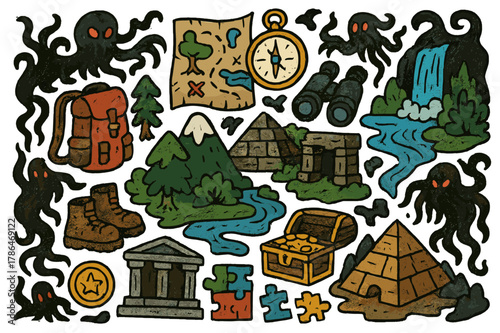 Adventure Doodle Exploration. Adventure, dark, twisted figures. Colorful Hand-drawn doodle Children illustration Adventure, dark, twisted figures, treasure