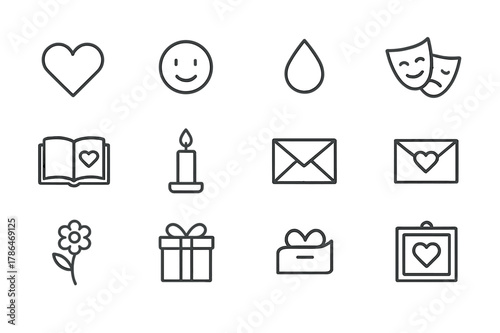 Emotional Storytelling Icons. Emotional storytelling. Line icon set of emotional storytelling: heart, face emoji, tear drop, happy mask, sad mask, storytelling