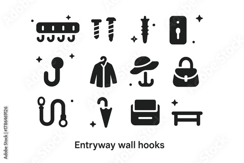 Entryway Hooks Icons. Entryway wall hooks. Solid icons set of Entryway wall hooks: hook rack, mounting screws, drywall anchor, wooden backplate, metal peg,