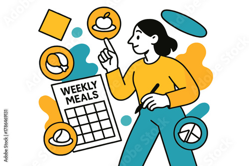 Efficient Meal Planning. Rationing Food. Person planning weekly meals with floating abstract geometric shapes and portion icons, mindful and efficient food