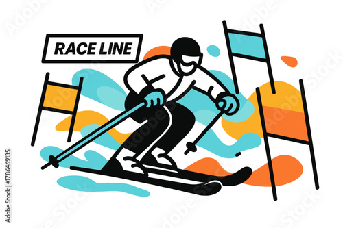 Dynamic Slalom Race. Slalom Race Gates. Knees drive, hips snap; colored gates blur into a zigzag rhythm. A crisp ?Race Line? tag slices through the air. Modern