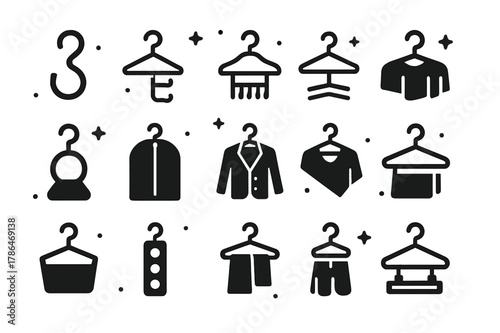 Closet Hook Icons. Closet organization hooks. Solid icons set of Closet organization hooks: S-hook, cascading hanger, belt hook, tie rack, purse hanger,