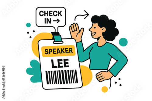 Speaker Event Badge. Corporate Event Badge Card. A clipped card shows ?Speaker ? Lee? with a bold bar code and dot accents. Subtle arrows point to ?Check In >?