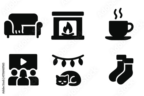 Cozy Home Icons. Cozy home moments. Filled icon set of cozy home moments: couch with blanket, lit fireplace,