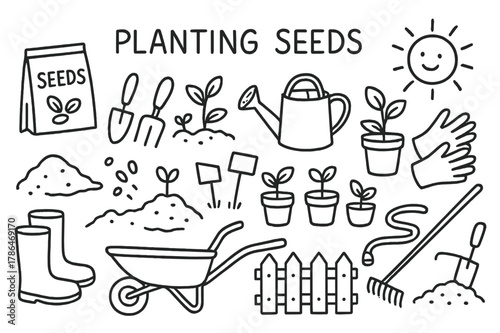 Garden Planting Doodles. Planting Seeds. Hand-drawn doodle illustration Planting Seeds seeds, seedlings, trowel, shovel, watering can, gloves, garden soil,