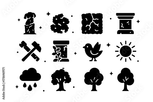Timeworn Sculpture Icons. Timeworn Sculpture. Solid icons set of Timeworn Sculpture: statue, moss, cracks, pedestal, chisel, hammer, ivy, bird, sun, rain,