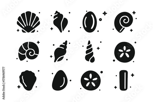 Seashell Icons Grid. Seashells. Solid icons set of Seashells: scallop shell, conch shell, cowrie shell, clam shell, nautilus shell, whelk shell, auger shell,