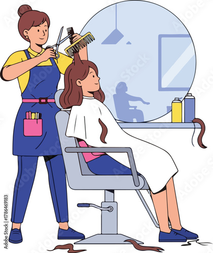 Professional Hairdresser Cutting Client s Long Brown Hair in Modern Salon Illustration