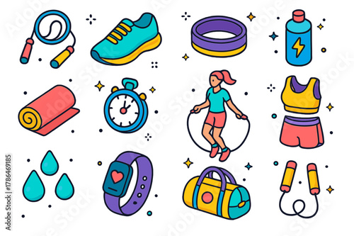 Jump Rope Essentials. Jump rope workout. Colorful isometric vector icons set of jump rope workout: skipping rope, sneakers, sweatband, water bottle, gym mat,