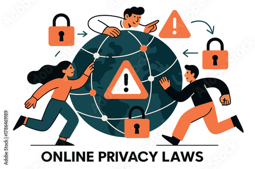 Global Data Protection. Online privacy laws and their global implications. Abstract digital globe with interconnected nodes, locks, and warning icons; conveys