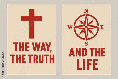 Truth and Way Banners. Truth and Way. Two vertical A6 banners with safe margins, centered composition, no elements touching edges, bold, red and beige, cross