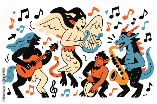 Mythical Music Festival. Mythological creatures playing musical instruments, surrounded by notes and symbols, with a lively and festive atmosphere. The