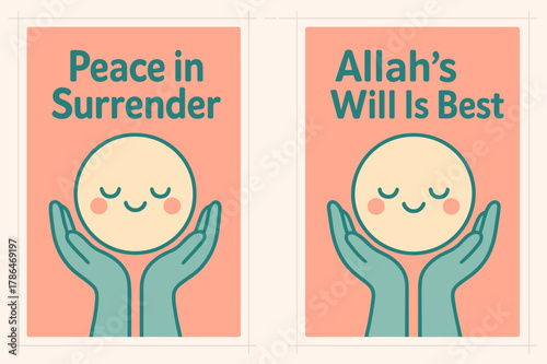 Kawaii Banners of Surrender. Submission. Two vertical A6 banners with safe margins, centered composition, no elements touching edges, kawaii, coral and teal,