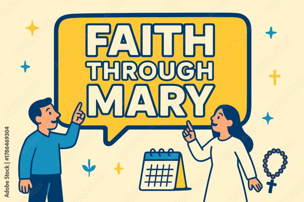 Obraz premium Faith Through Mary Banner. Faith Through Mary banner, flat vector illustration, bold oversized text inside sticker outline banner, cartoon characters standing