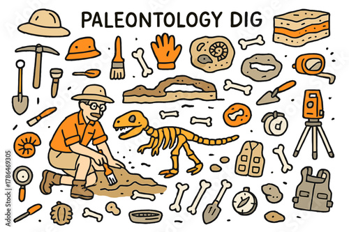 Paleontology Dig Scene. Paleontology dig. Hand-drawn doodle illustration paleontologist (colored), dinosaur skeleton (colored), fossils (colored), excavation