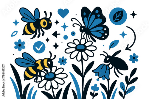 Pollinators and Icons. Ecology. Pollinator insects visiting flowers in meadow with abstract floating icons, arrows, and sparkles; emphasizes biodiversity,