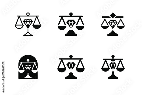 Ethical Jewelry Logos. Ethical jewelry design. Set Logo of Ethical jewelry design: gemstone in balanced scales. harmonious logo variations of the