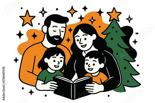 Christmas Storytime Magic. Holiday harmony. Parents reading a storybook to children near the Christmas tree,