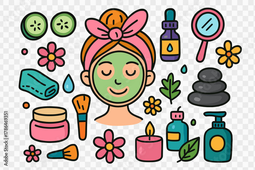 Colorful Spa Doodle. beauty spa. Colorful Hand-drawn doodle Children illustration beauty spa face mask, cucumber slices, headband, towel, cream jar, brush,