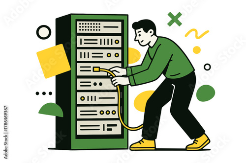 High-Tech Server Maintenance. Server Rack. IT technician working on a server rack with floating abstract geometric shapes and glowing accents, focused and