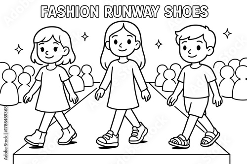 Runway Coloring Fun. Fashion runway shoes children?s coloring book illustration, outlined drawing, models