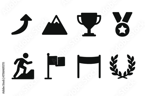 Ambition Icon Set. Ambition. Filled icon set of Ambition: arrow, mountain, trophy, medal, climbing figure,