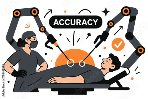 Robotic Surgical Precision. Healthcare Tech ? Robotics in Surgery. Robotic arms extend delicately over a stylized patient; soft circles mark precision points.