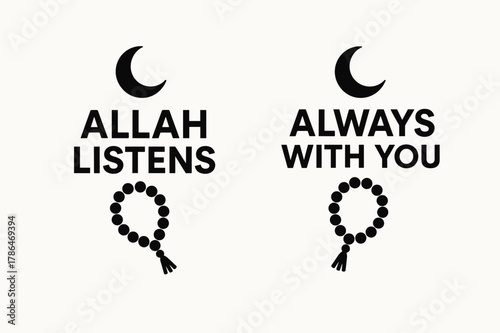 Crescent Moon Banners. Faith. Two vertical A6 banners with safe margins, centered composition, no elements touching edges, flat vector design, black and white,