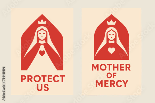 Mercy and Protection. Our Lady of Mercy. Two vertical A6 banners with safe margins, centered composition, no elements touching edges, geometric, scarlet and