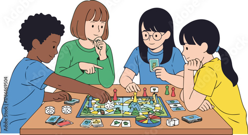 Diverse Group of Happy Children Playing a Tabletop Board Game Together Indoors