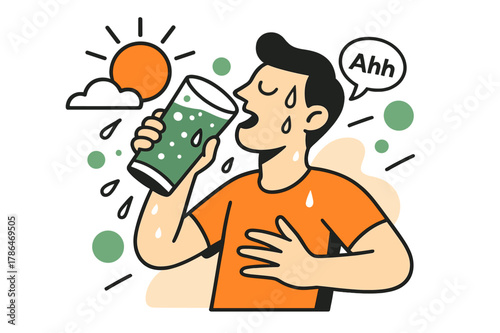 Refreshing Summer Sip. Drinking a Cold Beverage on a Hot Day. Sun flares, sweat beads, and a frosty glass lifts?first sip, eyes close: ?Ahh.? Condensation