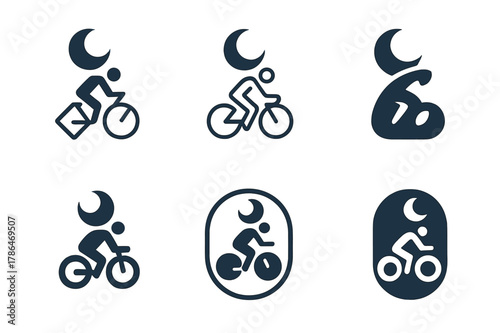Night Cycling Logos. Night cycling. Set Logo of Night cycling: cyclist under crescent moon. harmonious logo variations of the same emblematic concept, each