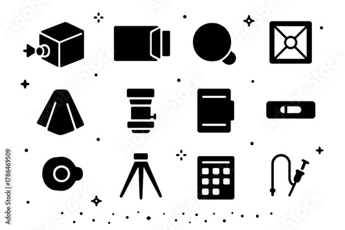Vintage Camera Icons. Early Cameras. Solid icons set of Early Cameras: camera obscura, sliding box camera, lens cap, ground glass, dark cloth, brass lens,