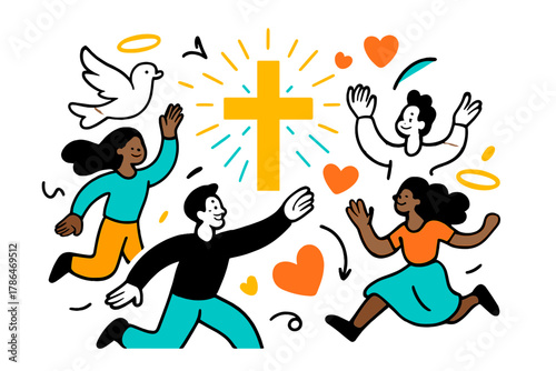 Glowing Cross and Icons. Christian art and religious iconography. A glowing cross surrounded by abstract rays