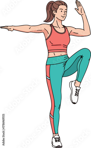 Active Woman Exercising High Knee Marching Pose Illustration for Fitness and Workout Concepts