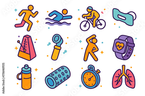 Athlete Breathwork Icons. Breathwork for athletes. Colorful isometric vector icons set of breathwork for athletes: runner silhouette, swimmer figure, cyclist