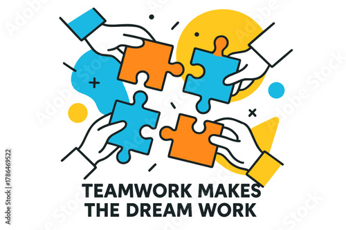 Teamwork in Action. The importance of teamwork, hands holding puzzle pieces, colorful background with geometric shapes, Teamwork makes the dream work phrase.