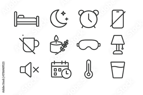 Sleep Hygiene Icons. Sleep Hygiene. Line icon set of Sleep Hygiene: bed, moon, alarm clock, phone off, no caffeine, lavender candle, sleep mask, dim light,