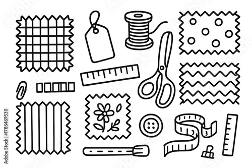 Fabric Design Elements. Fabric swatches. Hand-drawn doodle illustration fabric swatches fabric samples, tag, thread spool, scissors, ruler, button, grid,